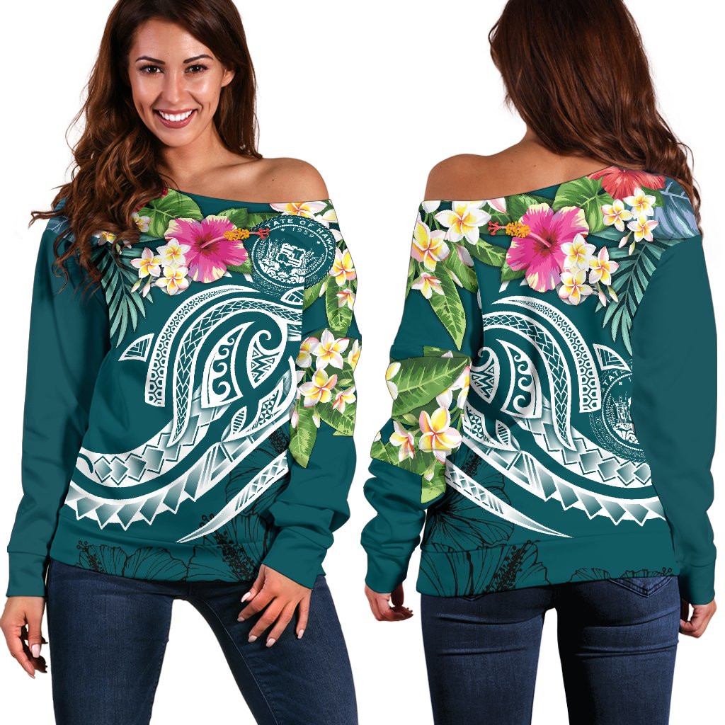 Polynesian Hawaii Women's Off Shoulder Sweater - Summer Plumeria Blue - Polynesian Pride