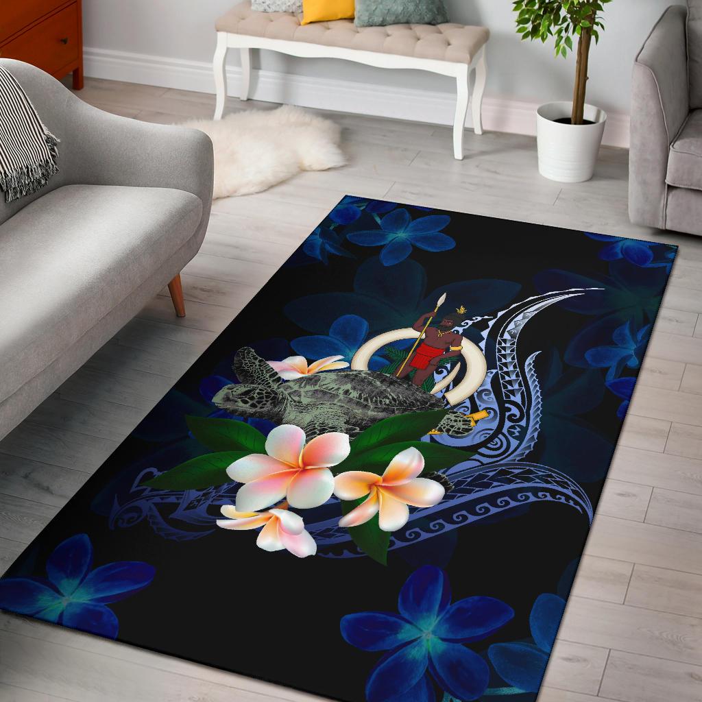 Vanuatu Polynesian Area Rug - Turtle With Plumeria Flowers Blue - Polynesian Pride