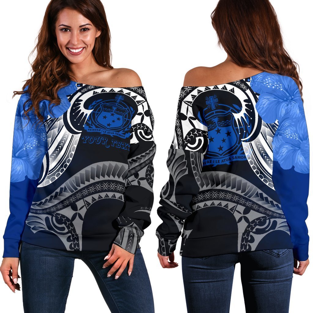 Samoa Custom Personalised Women's Off Shoulder Sweater - Samoa Seal Wave Style (Blue) Blue - Polynesian Pride