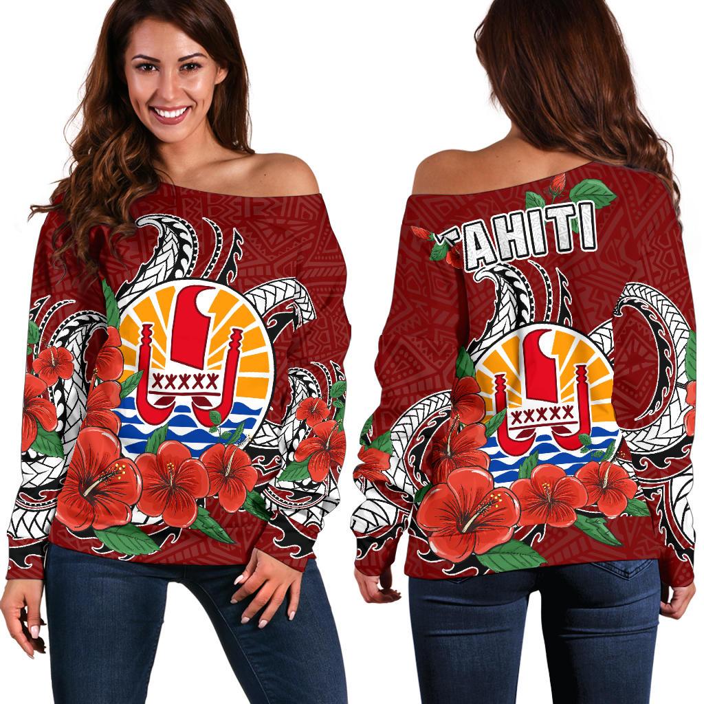 Tahiti Polynesian Off Shoulder Sweater - Hibiscus Coat of Arm Red RED - Polynesian Pride