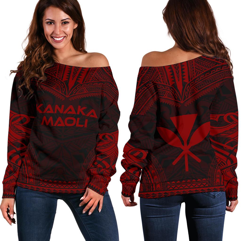 Kanaka Maoli Polynesian Chief Women's Off Shoulder Sweater - Red Version Red - Polynesian Pride