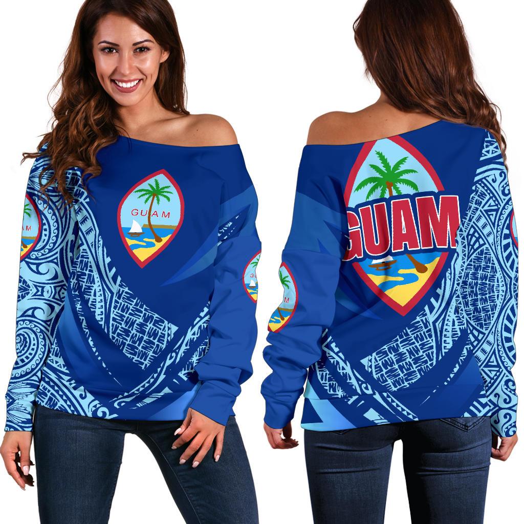 Guam Women's Off Shoulder Sweater - Polynesian Patterns Sport Style Blue - Polynesian Pride