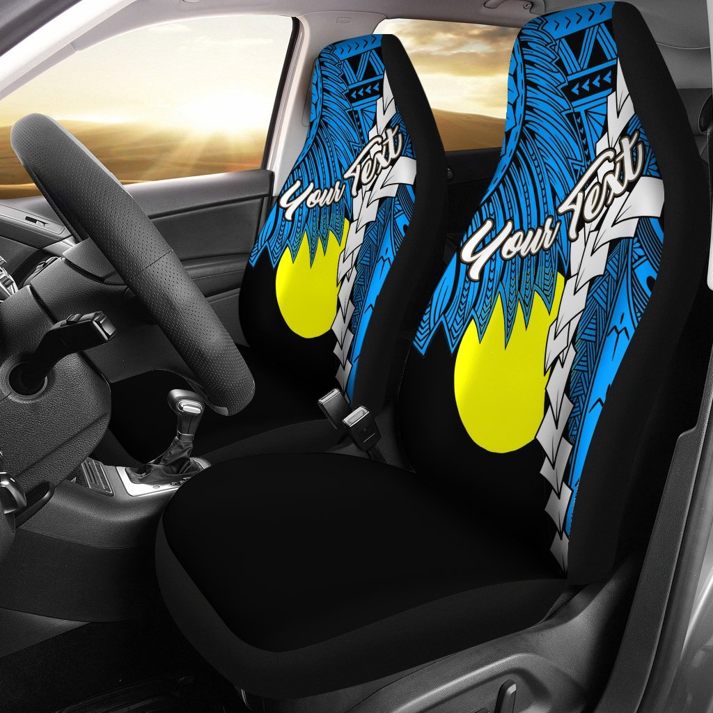 Palau Polynesian Custom Personalised Car Seat Covers - Tribal Wave Tattoo Flag Style Universal Fit Blue - Polynesian Pride