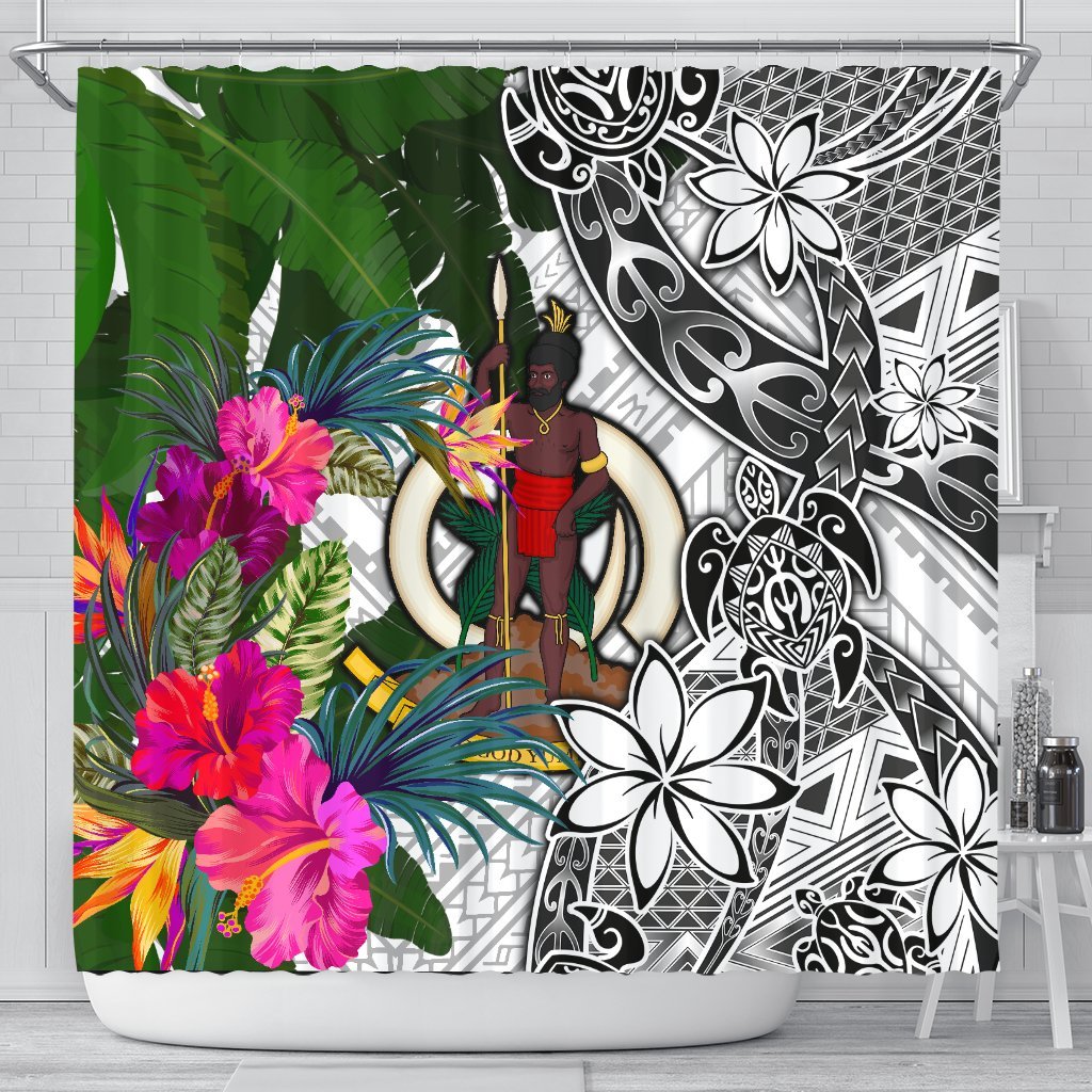 Vanuatu Shower Curtain White - Turtle Plumeria Banana Leaf 177 x 172 (cm) White - Polynesian Pride