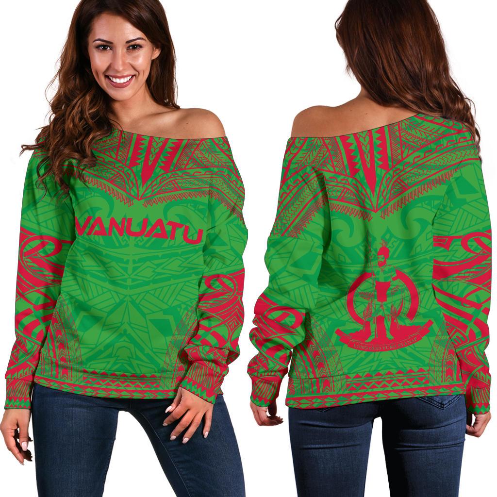 Vanuatu Flag Polynesian Chief Women's Off Shoulder Sweater Green - Polynesian Pride