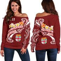 Fiji Women's Off Shoulder Sweater - Fiji Seal Polynesian Patterns Plumeria (Red) - Polynesian Pride
