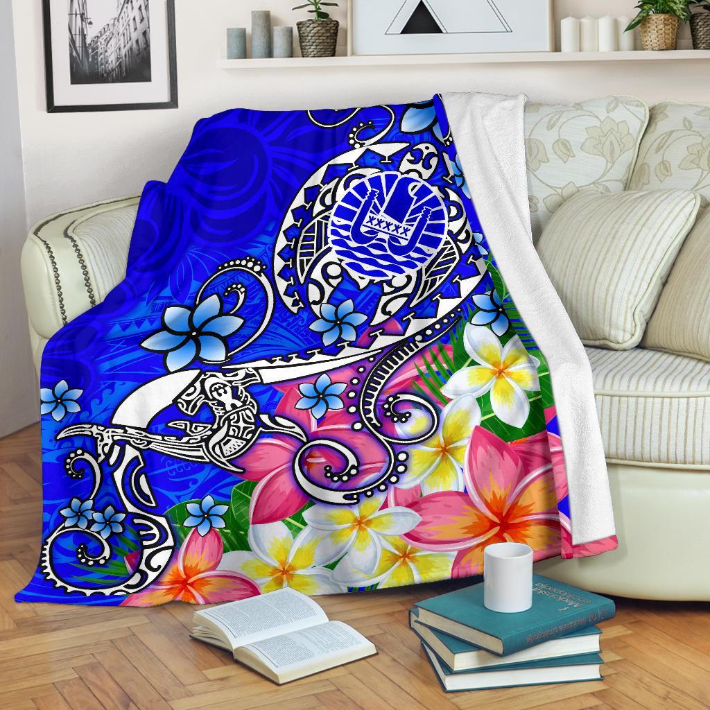 Tahiti Premium Blanket - Turtle Plumeria (Blue) White - Polynesian Pride