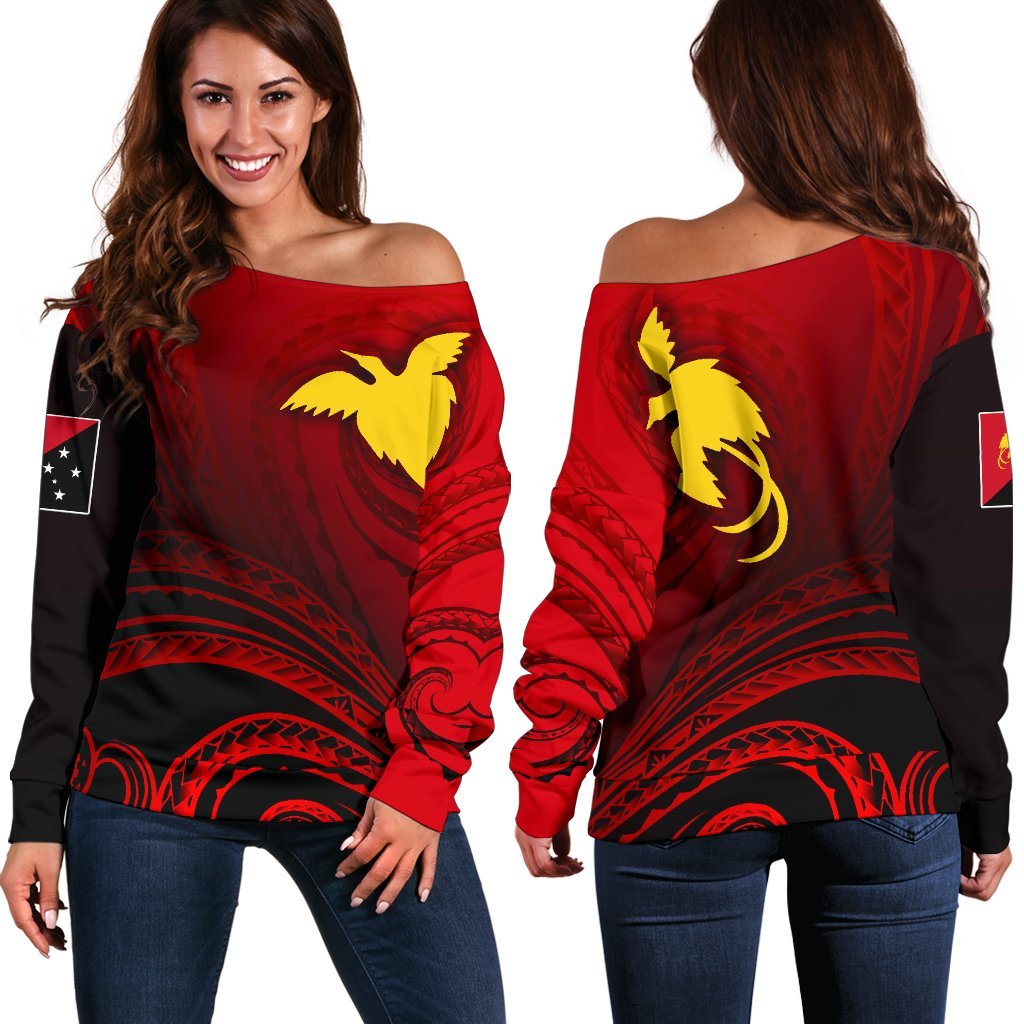 Papua New Guinea Women's Off Shoulder Sweater - Raggiana Bird of Paradise Polynesian Patterns Red - Polynesian Pride