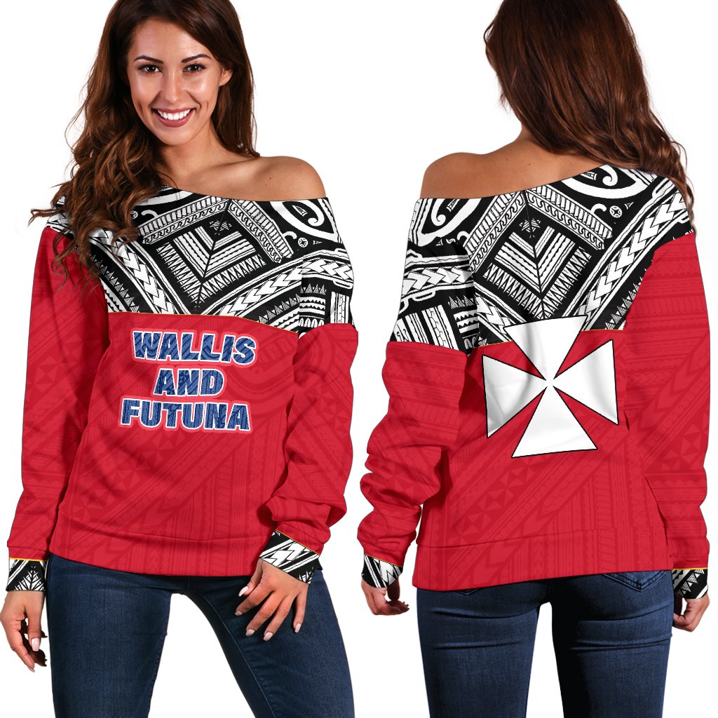 Wallis And Futuna Women's Off Shoulder Sweater - Polynesian Design Black - Polynesian Pride