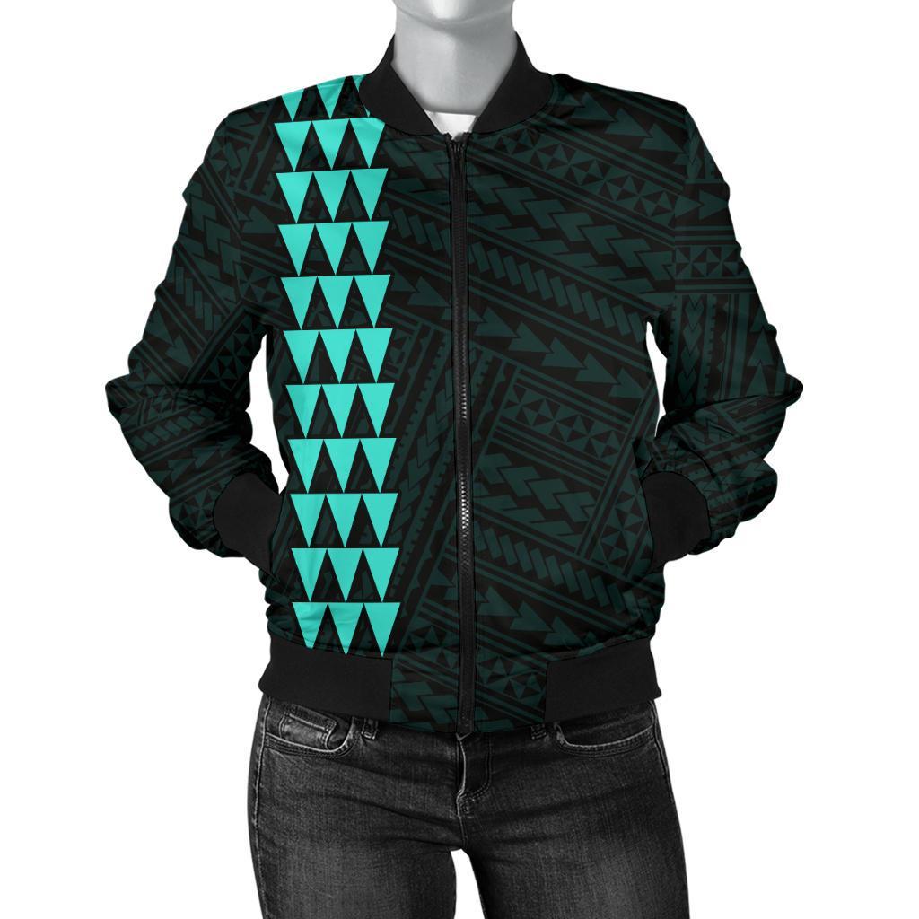 Hawaii Kakau Polynesian Kanaka Map Women's Bomber Jacket - Turquoise Turquoise - Polynesian Pride