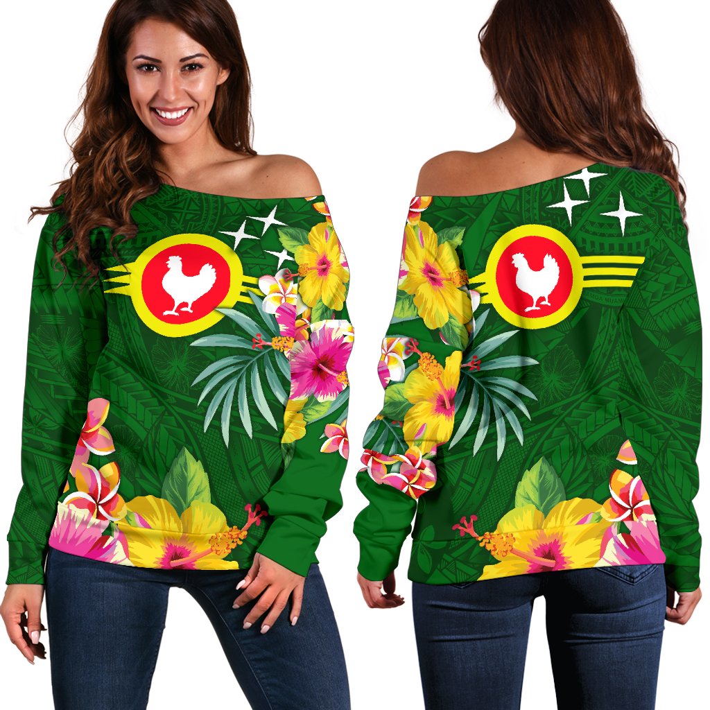 American Samoa Women's Off Shoulder Sweater - Manu'atele Hibiscus Flag Green - Polynesian Pride