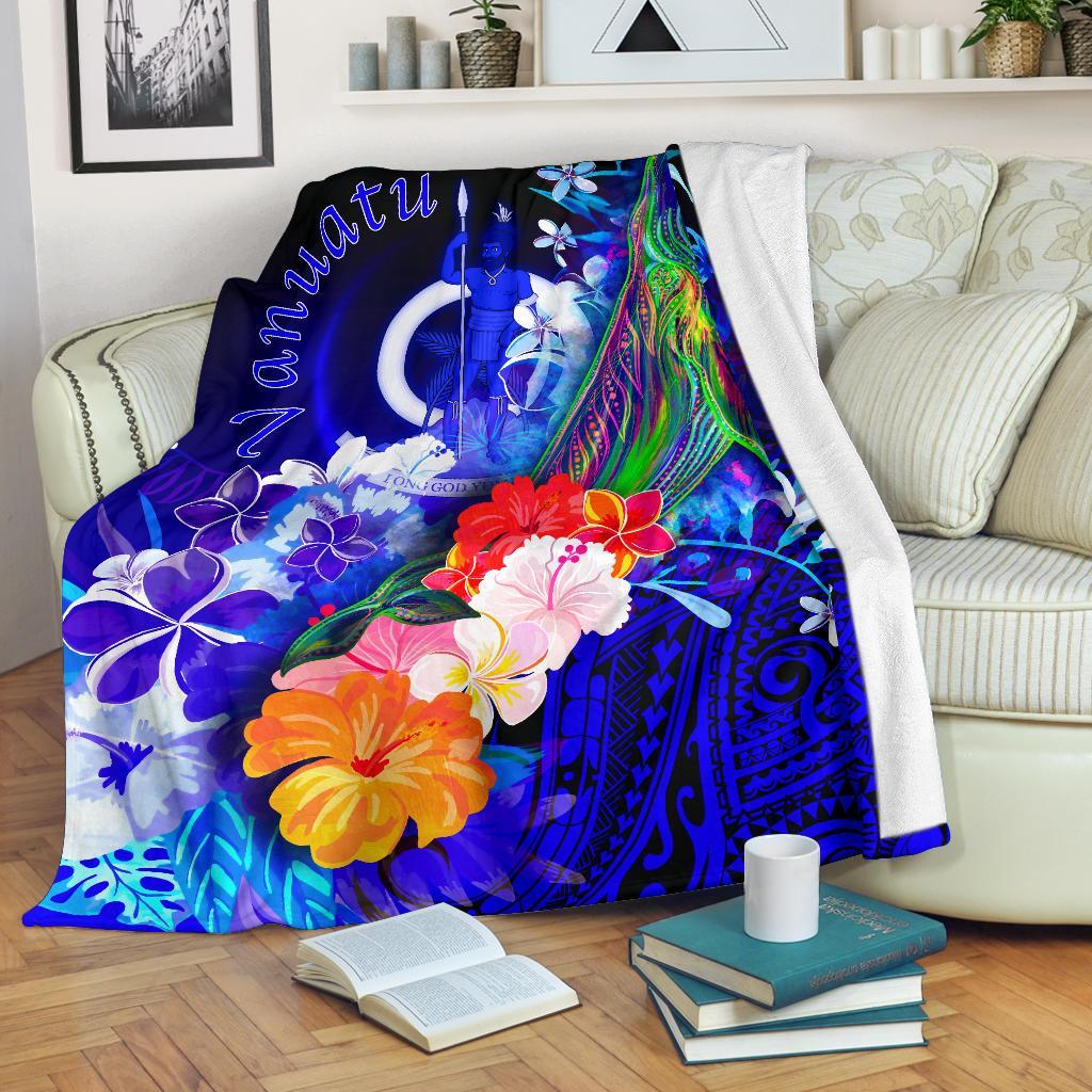 Vanuatu Premium Blanket - Humpback Whale with Tropical Flowers (Blue) White - Polynesian Pride