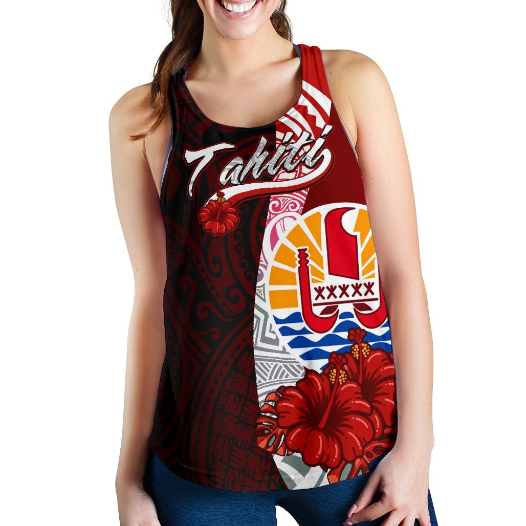 Tahiti Polynesian Women's Racerback Tank - Coat Of Arm With Hibiscus - Polynesian Pride