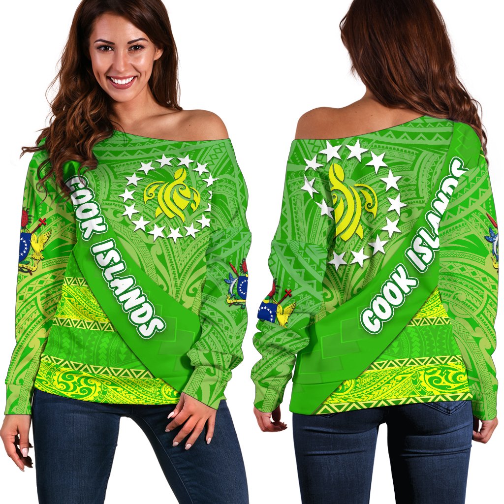 Cook Islands Women Off Shoulder Sweater Polynesian Victorian Vibes Green - Polynesian Pride