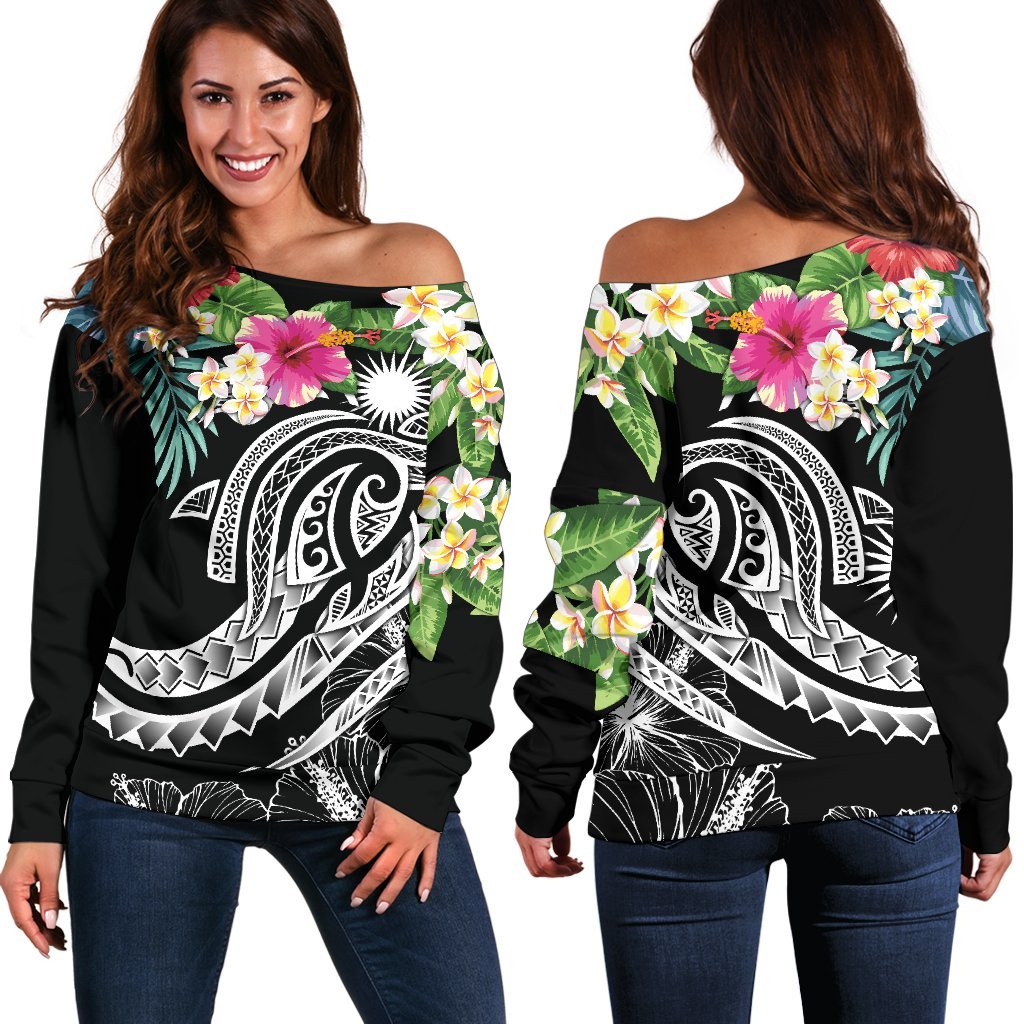 Marshall Islands Polynesian Off Shoulder Sweater - Summer Plumeria (Black) Black - Polynesian Pride