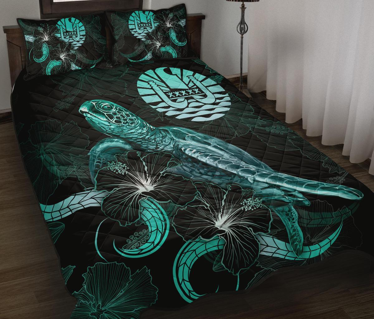 Tahiti Polynesian Quilt Bed Set - Turtle With Blooming Hibiscus Turquoise Turquoise - Polynesian Pride