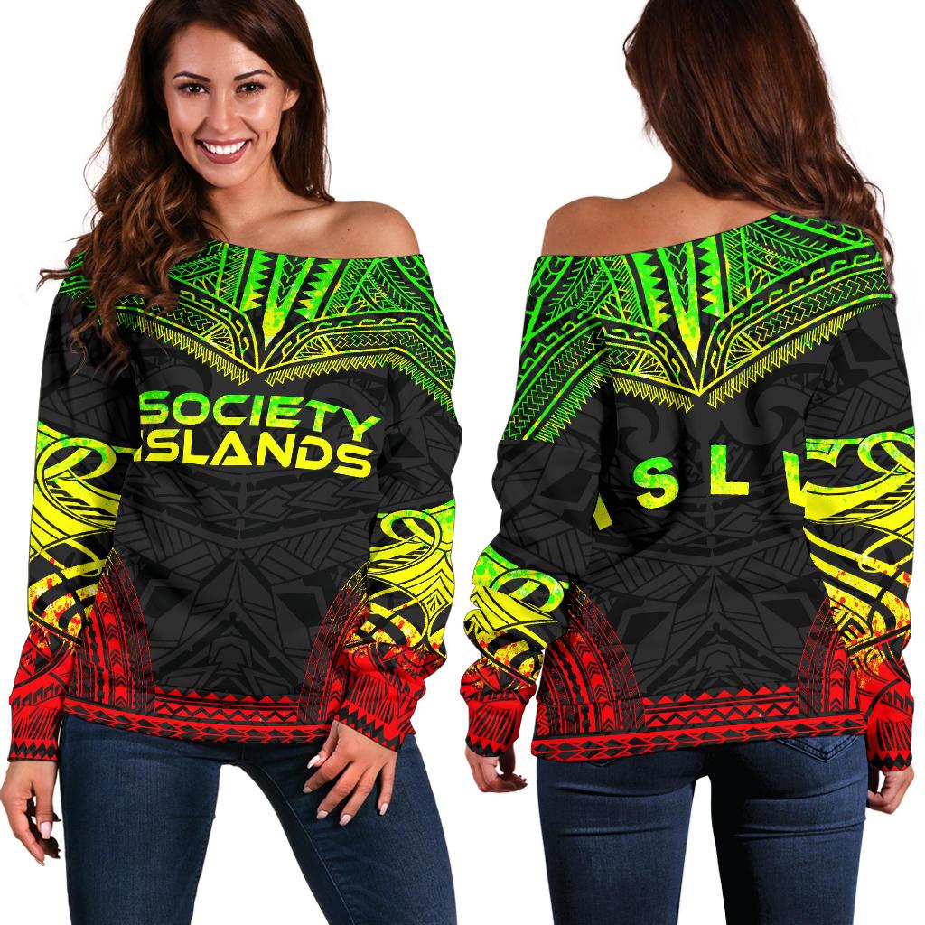 Society Islands Polynesian Chief Women's Off Shoulder Sweater - Reggae Version Art - Polynesian Pride