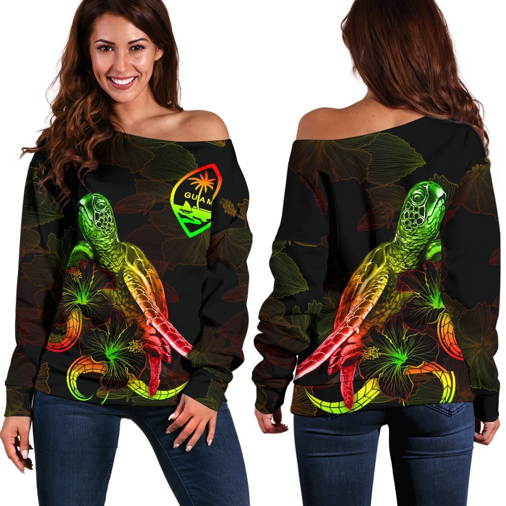 Guam Polynesian Women's Off Shoulder Sweater - Turtle With Blooming Hibiscus Reggae Art - Polynesian Pride