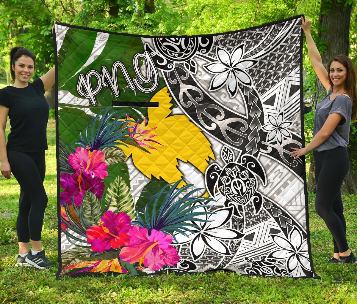 Papua New Guinea Premium Quilt White - Turtle Plumeria Banana Leaf - Polynesian Pride