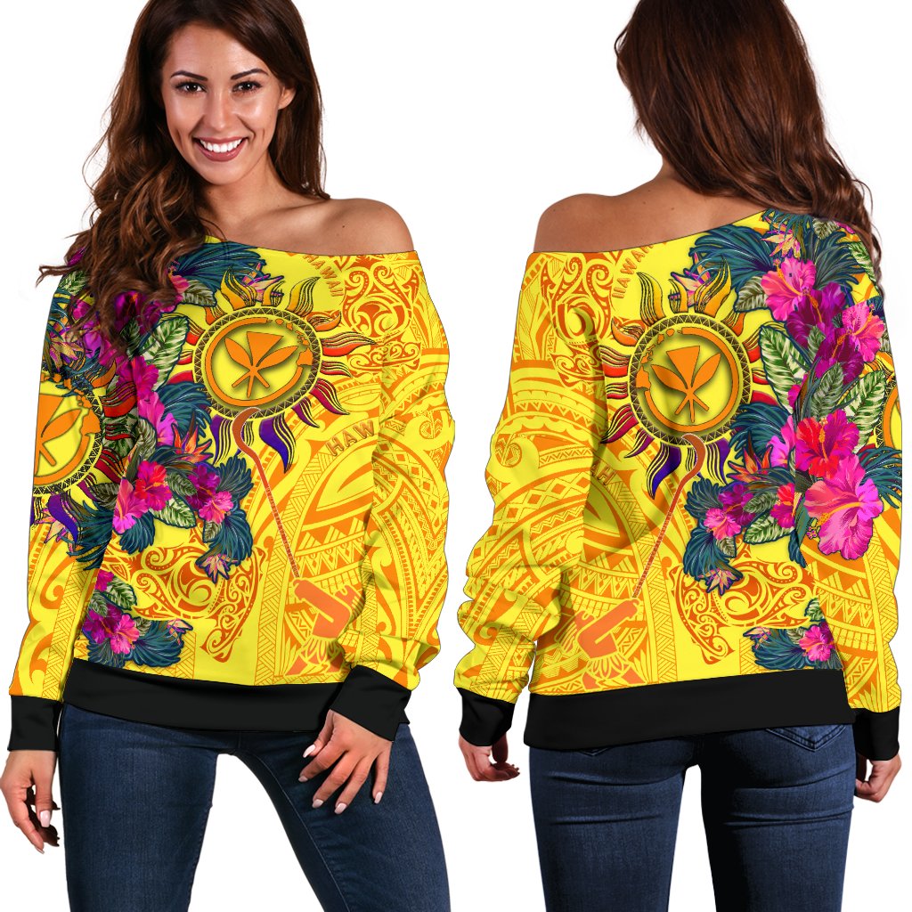 Polynesian Hawaii Off Shoulder Sweaters - Hawaii Kanaka Maoli & Hibiscus Flowers With Polynesian Patterns BN17 Yellow - Polynesian Pride