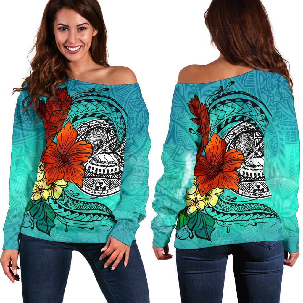 American Samoa Women's Off Shoulder Sweater - Tropical Flowers Style Blue - Polynesian Pride