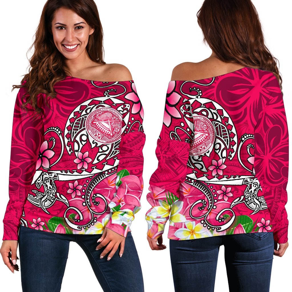 American Samoa Polynesian Women's Off Shoulder Sweater - Turtle Plumeria (Pink) Pink - Polynesian Pride