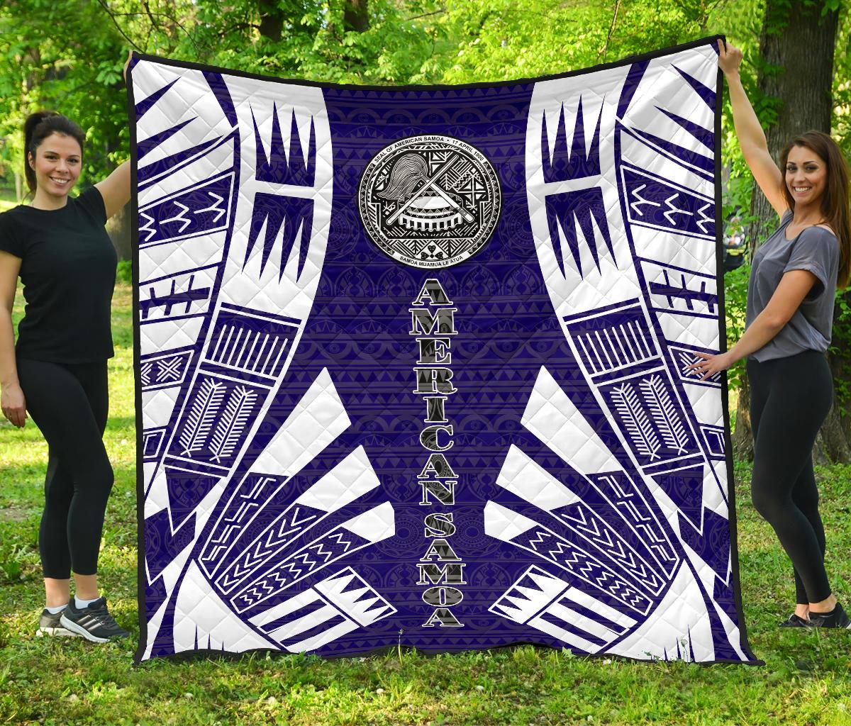 American Samoa Premium Quilt - American Samoa Seal Polynesian White Tattoo (BLue) - Polynesian Pride