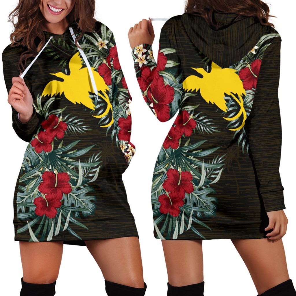 Papua New Guinea Hoodie Dress - Papua New Guinea Flag Hibiscus Black - Polynesian Pride