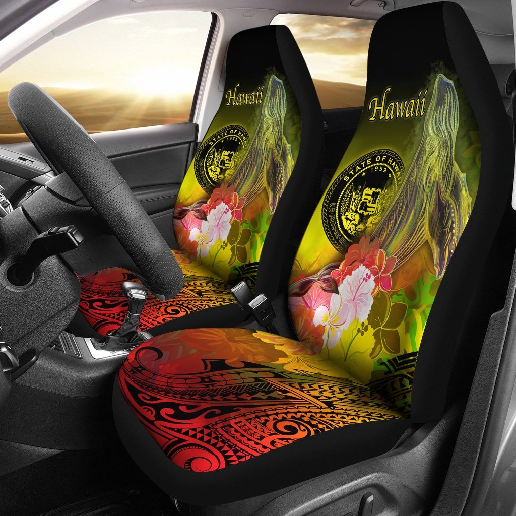 Polynesian Hawaii Car Seat Covers - Humpback Whale with Tropical Flowers (Yellow) Universal Fit Yellow - Polynesian Pride