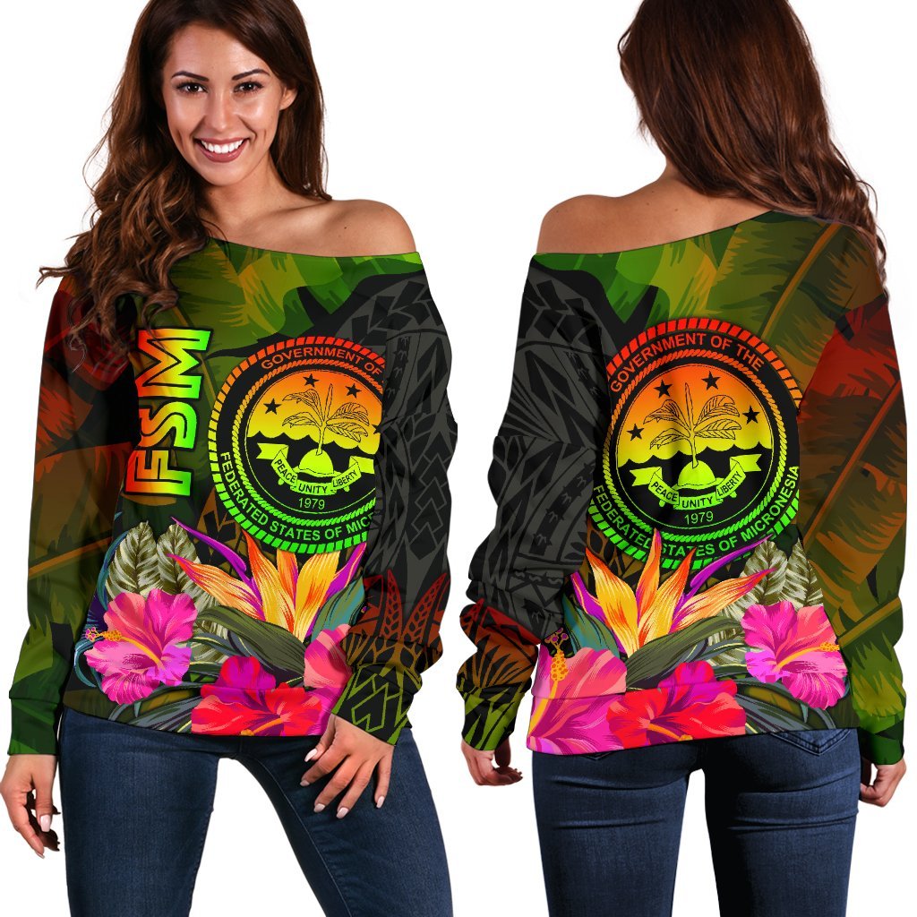 Federated States of Micronesia Polynesian Off Shoulder Sweater - Hibiscus and Banana Leaves Art - Polynesian Pride