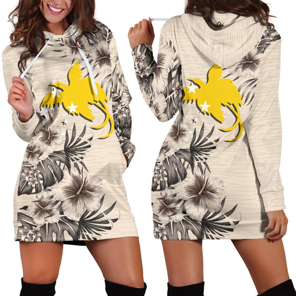 Papua New Guinea Hoodie Dress - Papua New Guinea Flag & Beige Hibiscus White - Polynesian Pride