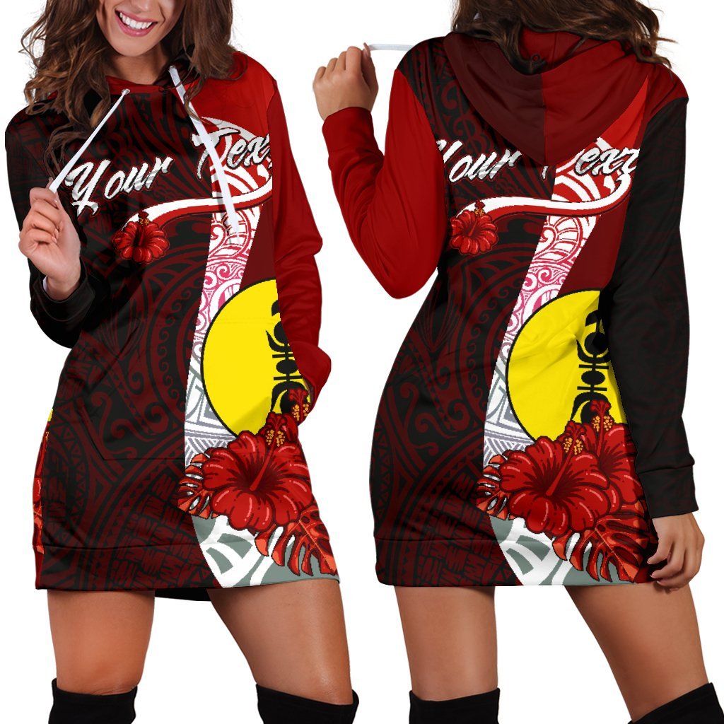 New Caledonia Polynesian Custom Personalised Hoodie Dress - Coat Of Arm With Hibiscus Red - Polynesian Pride