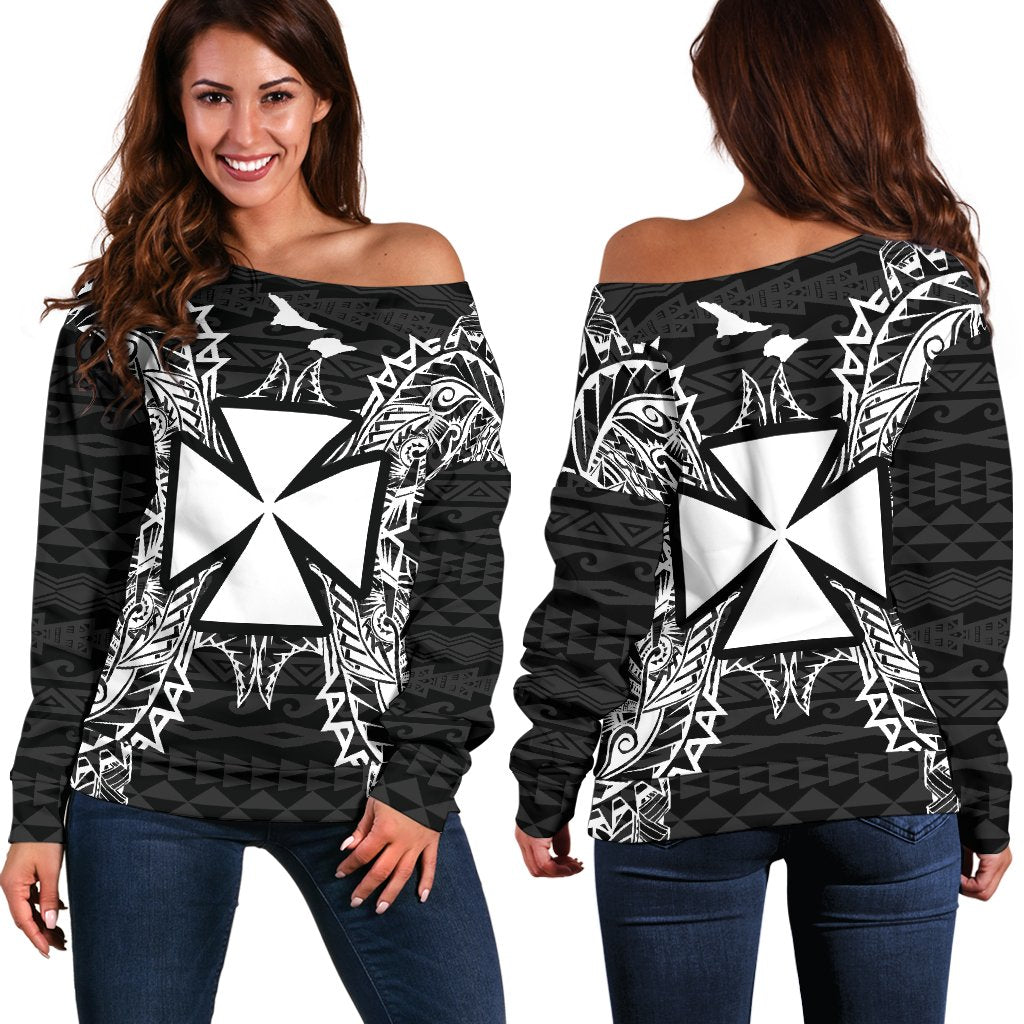 Wallis And Futuna Polynesian Shoulder Sweater Map Black Black - Polynesian Pride