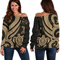 Fiji Polynesian Women Of Shoulder Sweater - Gold Tentacle Turtle Crest Gold - Polynesian Pride