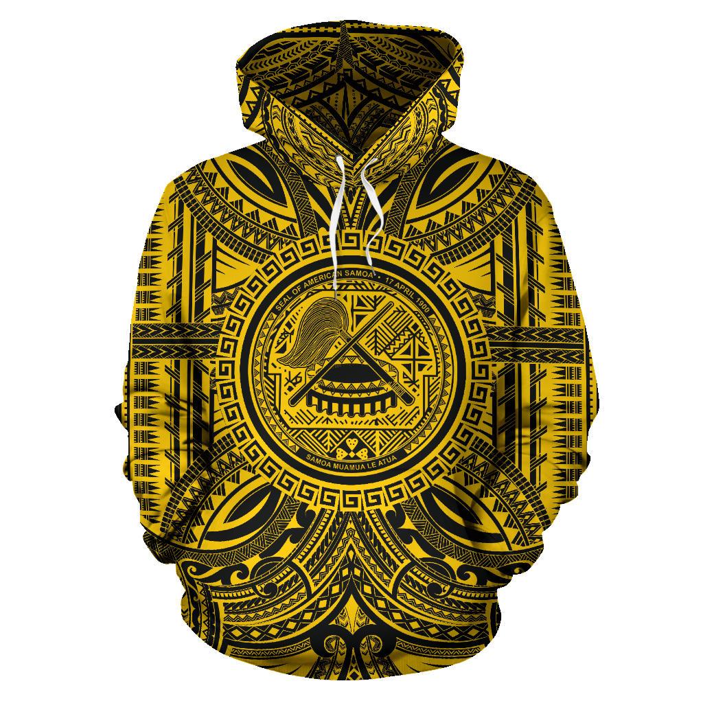 American Samoa ll Over Hoodie merican Samoa Coat of rms Polynesian Gold Black Unisex Gold - Polynesian Pride