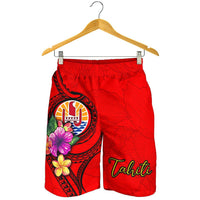 Tahiti Polynesian Men's Shorts - Floral With Seal Red - Polynesian Pride