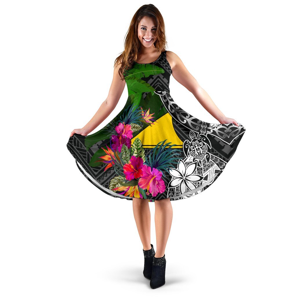 Tokelau Midi Dress - Turtle Plumeria Banana Leaf Women Black - Polynesian Pride