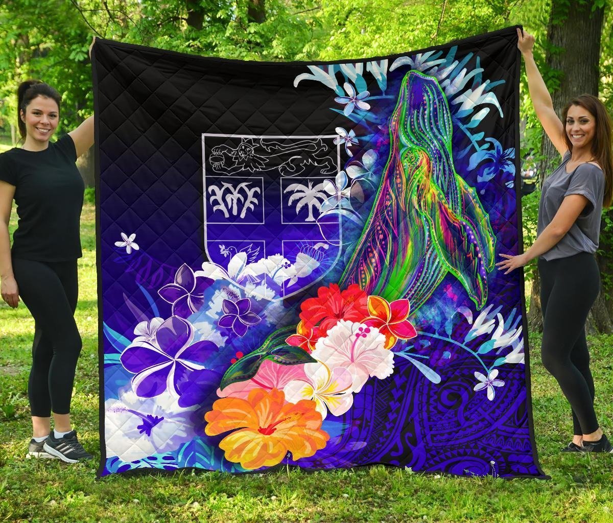 Fiji Premium Quilt - Humpback Whale with Tropical Flowers (Blue) Blue - Polynesian Pride