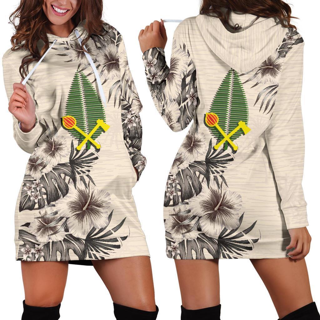 Alo Wallis and Futuna Hoodie Dress - Alo Flag & Beige Hibiscus White - Polynesian Pride