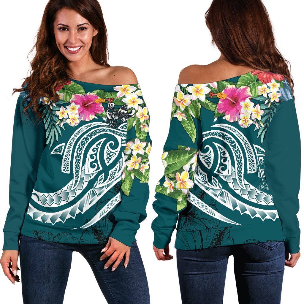 Fiji Polynesian Women's Off Shoulder Sweater - Summer Plumeria (Turquoise) Turquoise - Polynesian Pride