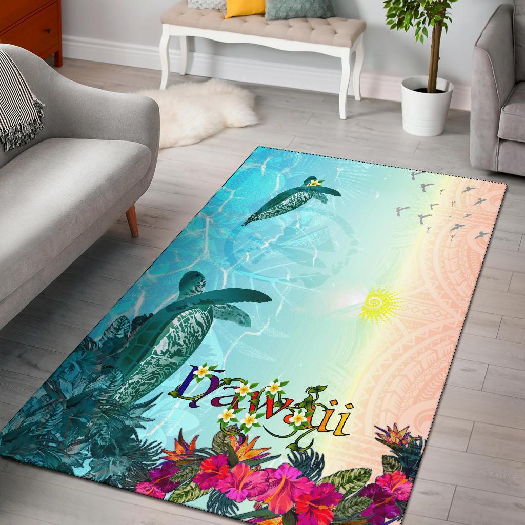 Polynesian Hawaii Rugs - View sea Hawaii with Turtle and Whale Blue - Polynesian Pride