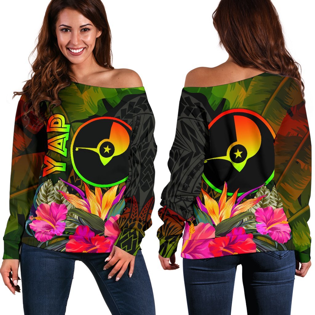 YAP Polynesian Women's Off Shoulder Sweater - Hibiscus and Banana Leaves Art - Polynesian Pride