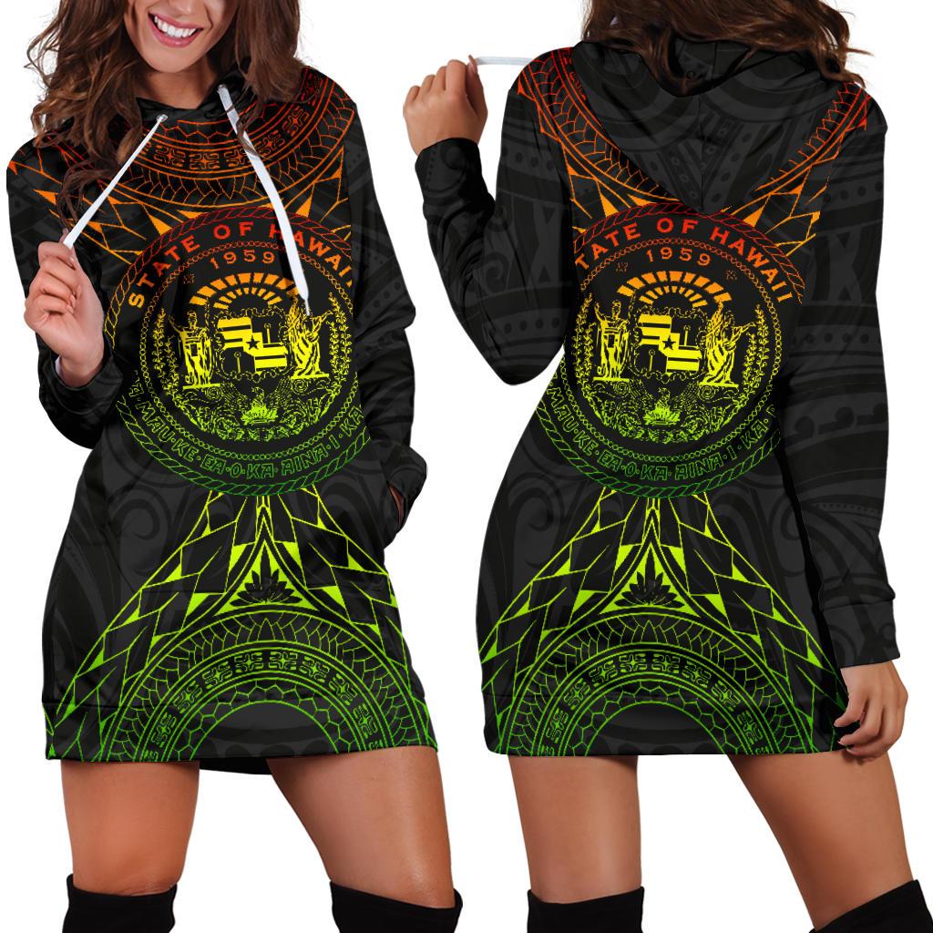 Hawaii Map Polynesian Women's Hoodie Dress - Reggae Color Version Black - Polynesian Pride