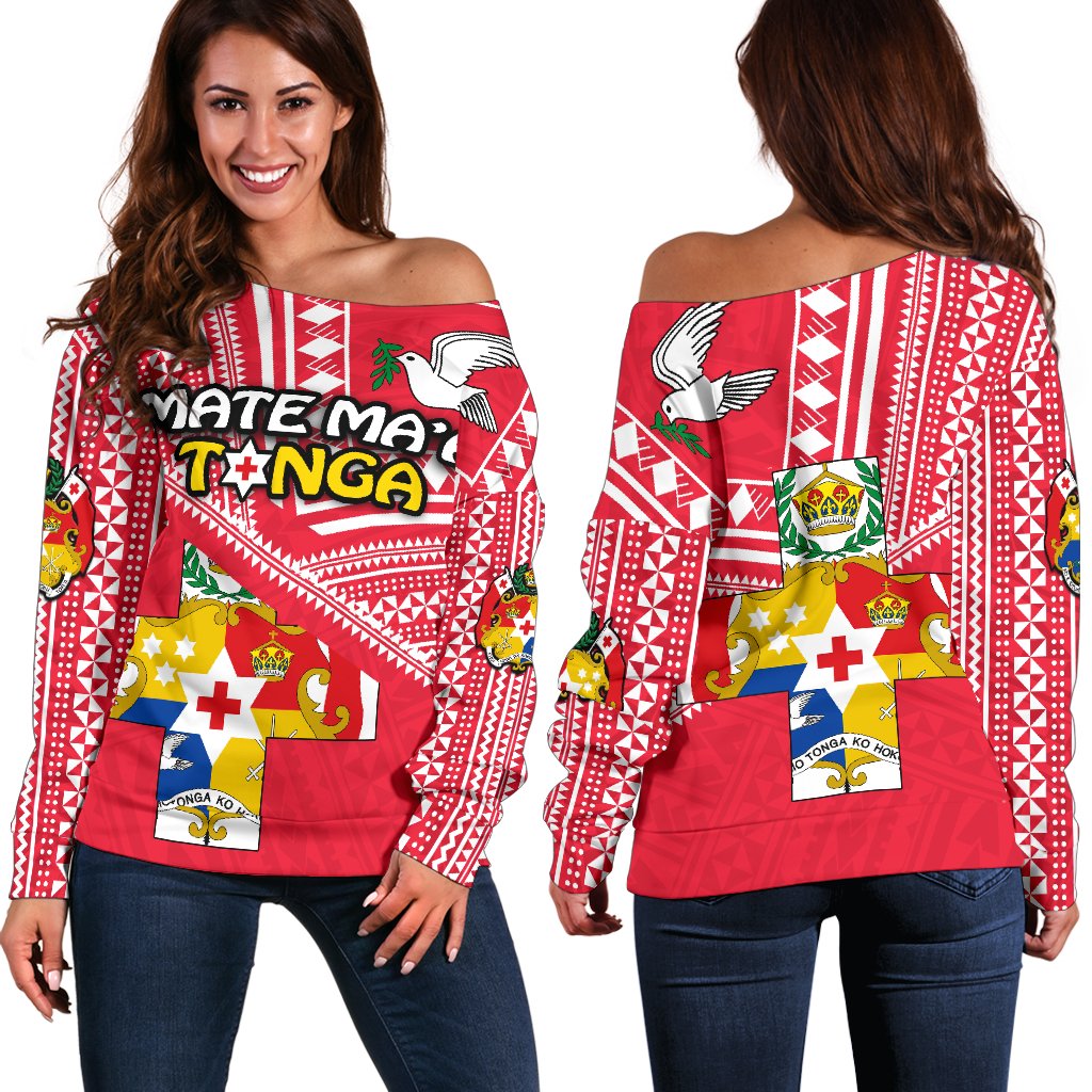 Mate Ma'a Tonga Off Shoulder Sweater Coat Of Arms Red - Polynesian Pride