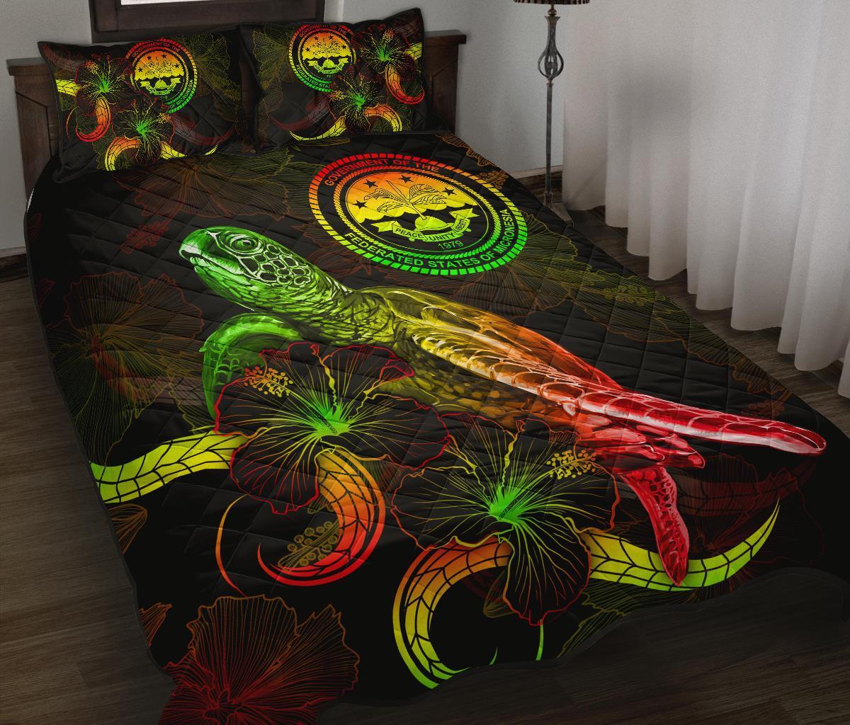 Federated States of Micronesia Polynesian Quilt Bed Set - Turtle With Blooming Hibiscus Reggae Art - Polynesian Pride