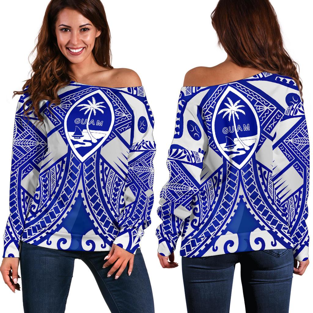 Guam Polynesian Women's Off Shoulder Sweater - Guam White Seal with Polynesian Tattoo Ver02 White - Polynesian Pride