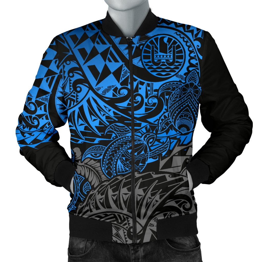 Tahiti Polynesian Men Bomber Jacket - Blue Turtle Hibiscus Flowing - Polynesian Pride