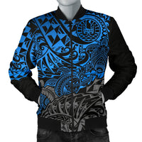 Tahiti Polynesian Men Bomber Jacket - Blue Turtle Hibiscus Flowing - Polynesian Pride
