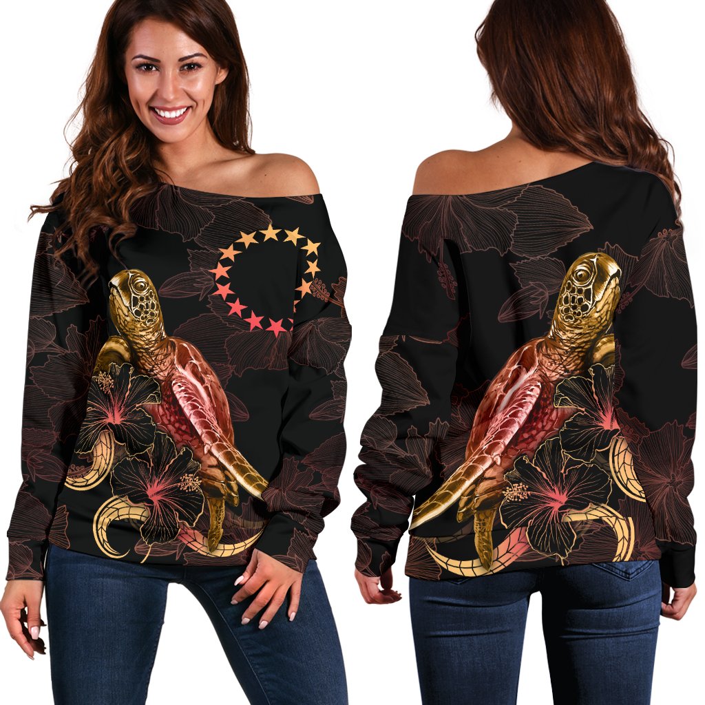 Cook Islands Polynesian Women's Off Shoulder Sweater - Turtle With Blooming Hibiscus Gold Gold - Polynesian Pride