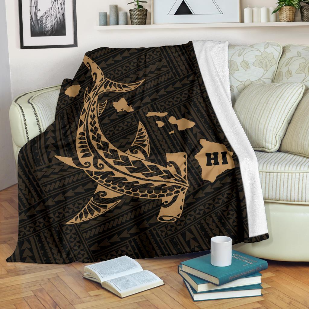 Hawaii Shark Gold Polynesian Premium Blanket White - Polynesian Pride